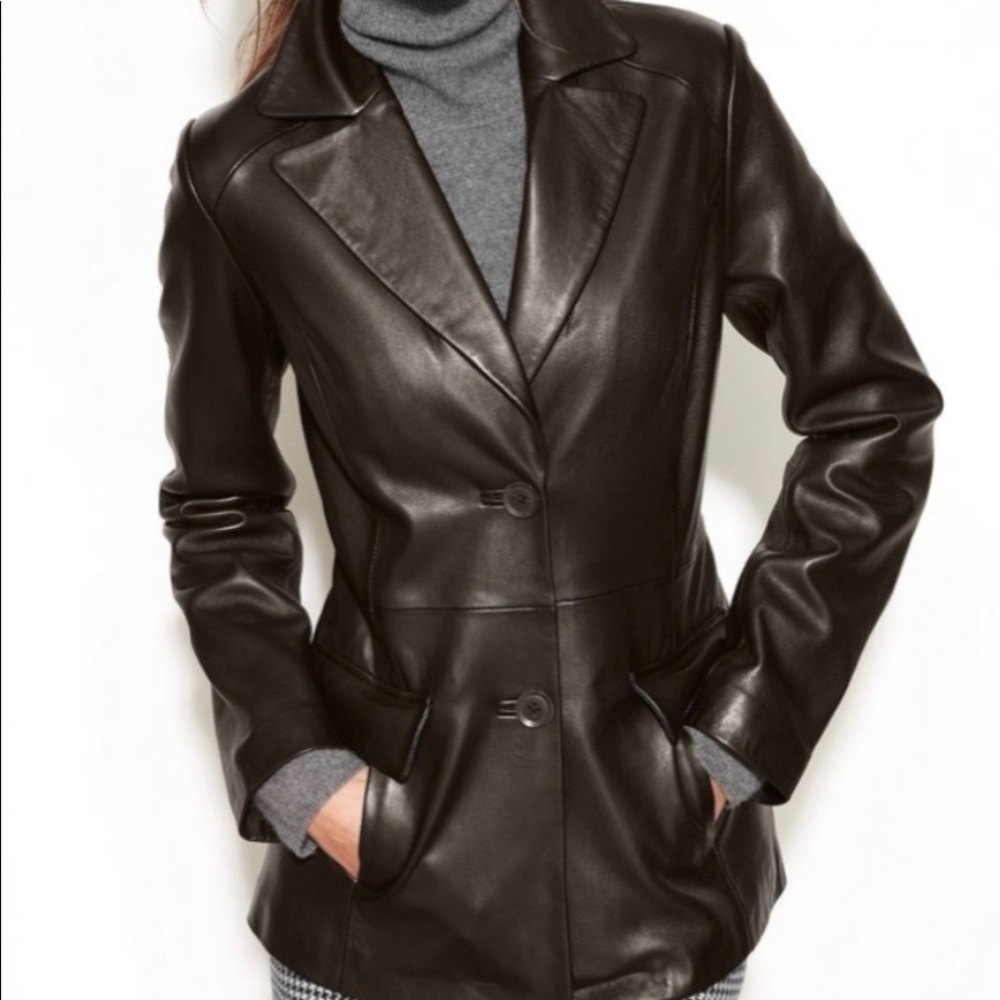 Jones New York Black Leather Blazer Jacket Petite Small